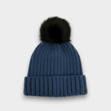 Ribbed Knit black Faux Fur Pom Pom Hat