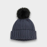 Ribbed Knit black Faux Fur Pom Pom Hat