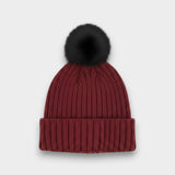 Ribbed Knit black Faux Fur Pom Pom Hat