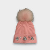Embellished Ribbed Knit Hat with Detachable Faux Fur Pom Pom