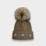 Embellished Ribbed Knit Hat with Detachable Faux Fur Pom Pom