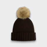 Ribbed Knit Natural Faux Fur Pom Pom Hat