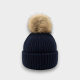 Ribbed Knit Natural Faux Fur Pom Pom Hat