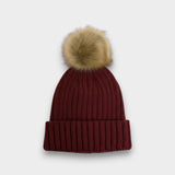 Ribbed Knit Natural Faux Fur Pom Pom Hat