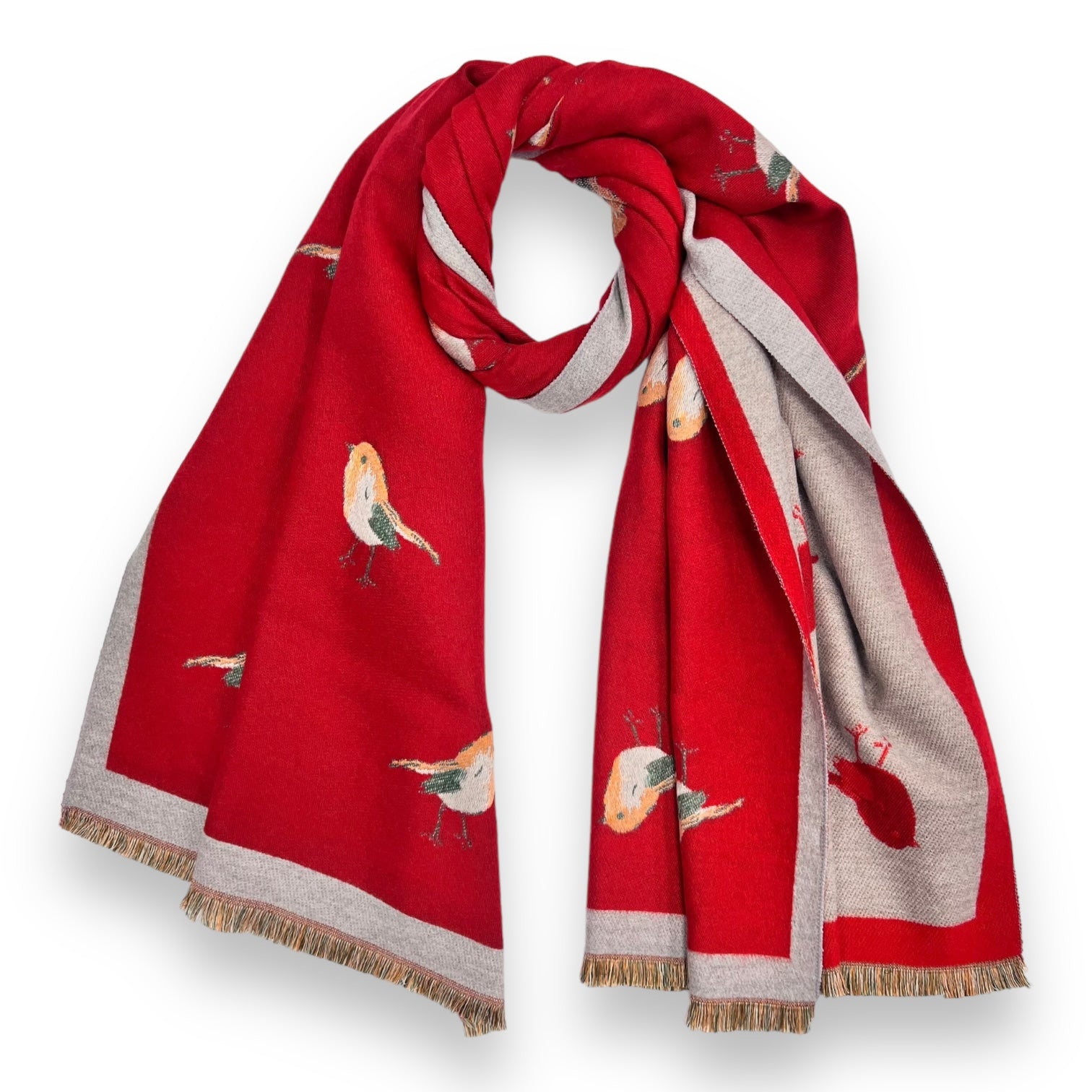 Robin Embroidered Print Winter Scarf on Reversible Cashmere Blend