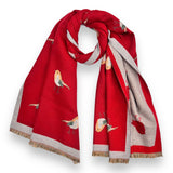 Robin Embroidered Print Winter Scarf on Reversible Cashmere Blend