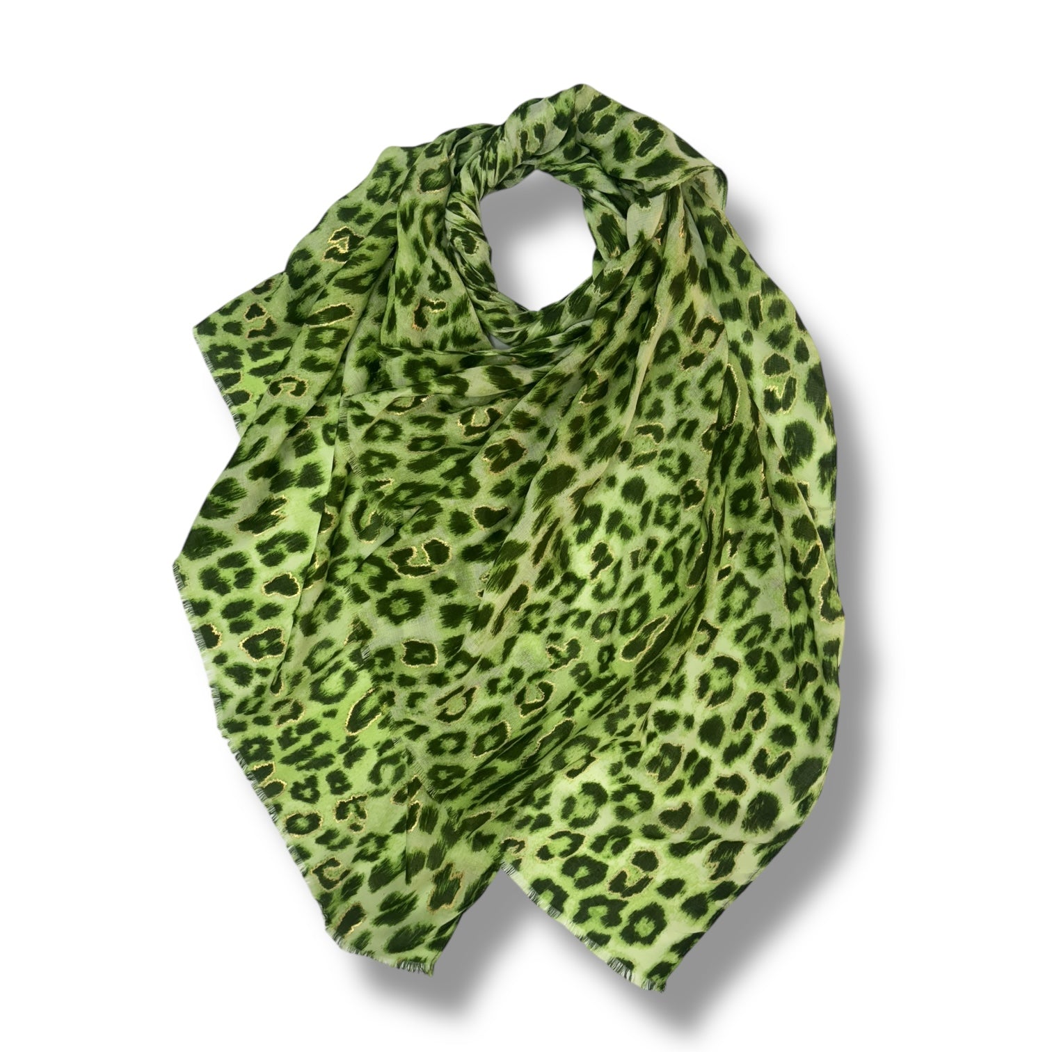 Leopard printed scarf with golden lines in green