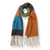 Fluffy colourful block scarf with tassels