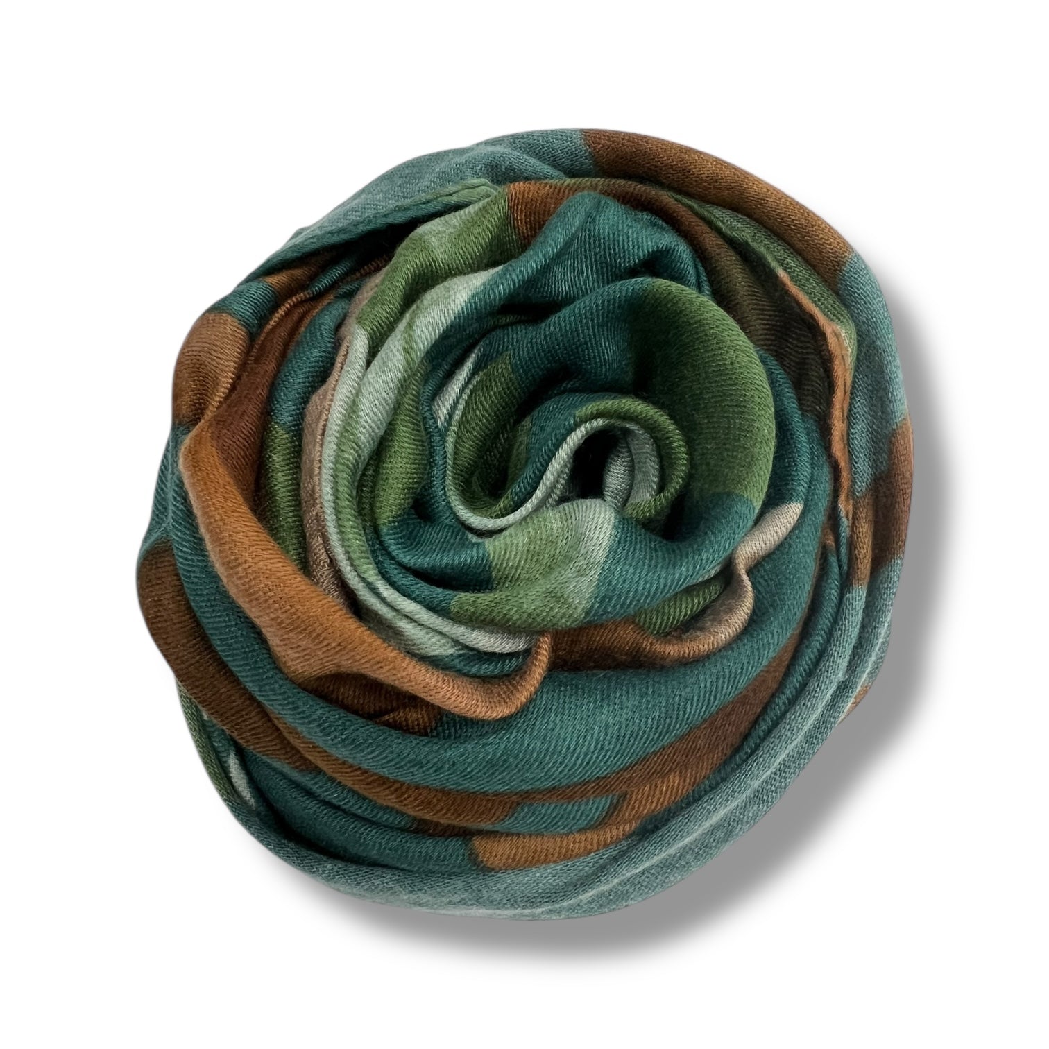 Rolled-up scarf with green and brown tones on a white background