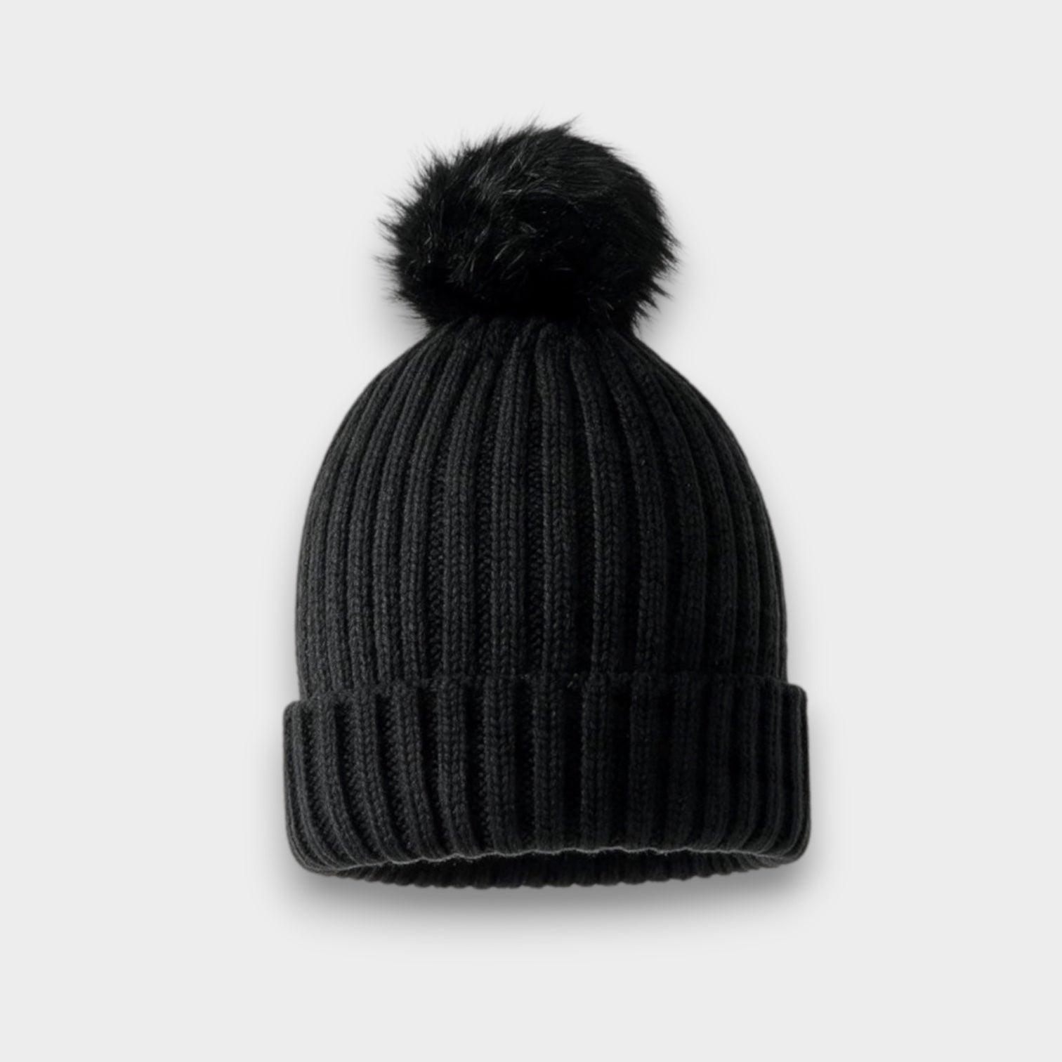 Ribbed Knit black Faux Fur Pom Pom Hat