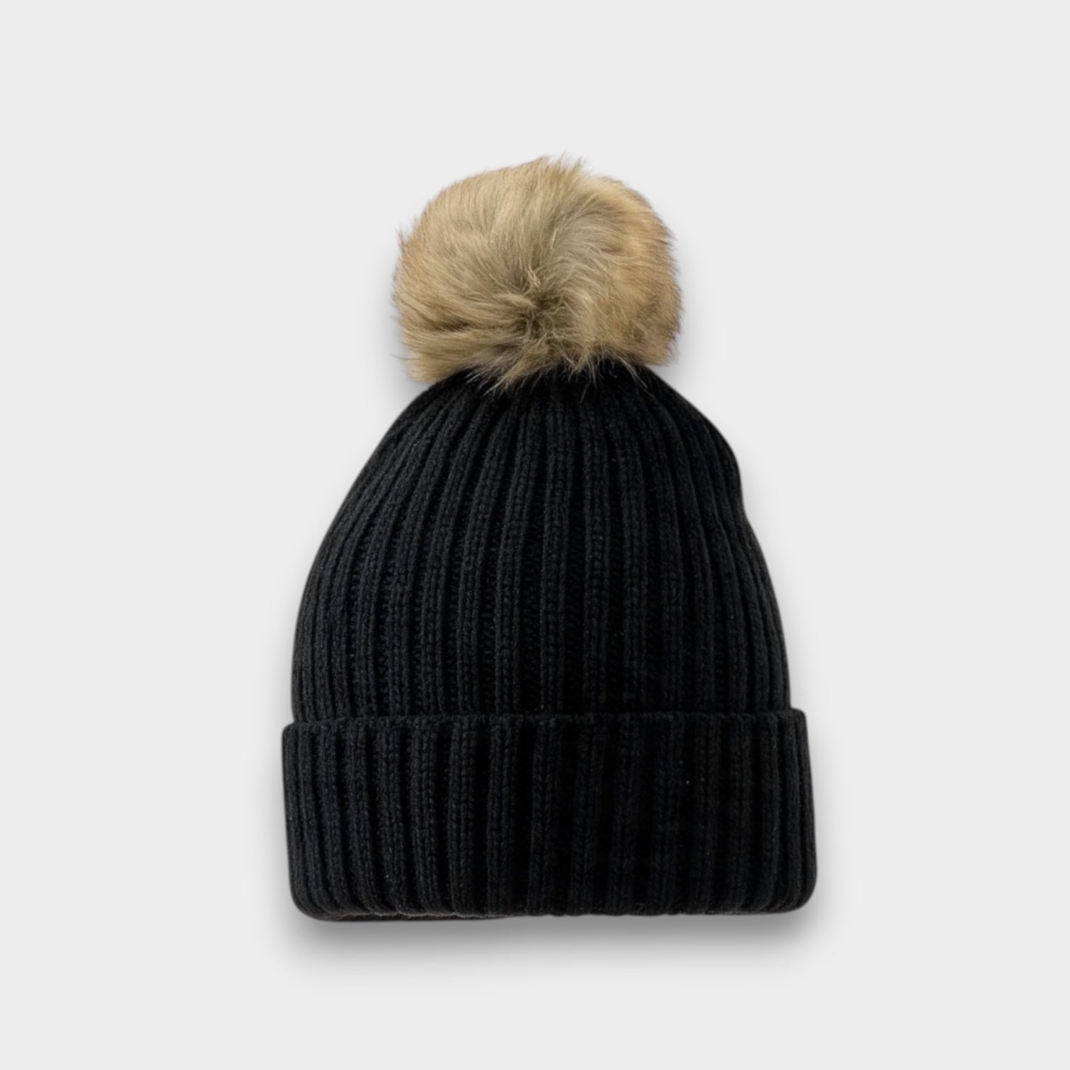 Ribbed Knit Natural Faux Fur Pom Pom Hat