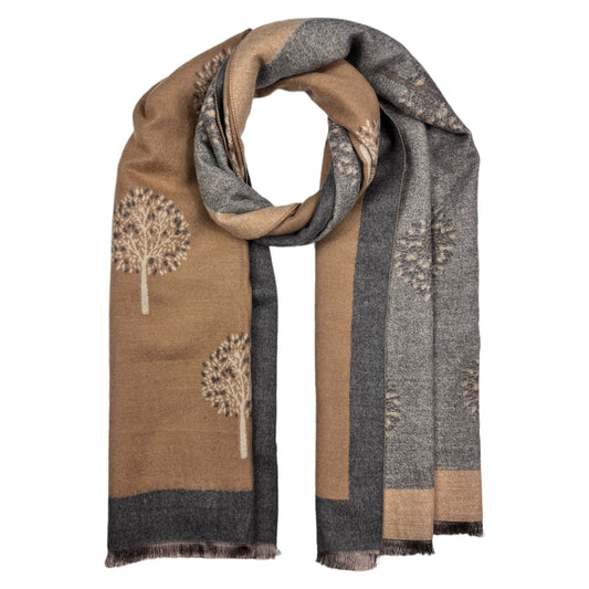 New Tree Print With Border Cashmere Mix 2 Tone Reversible Winter Scarf