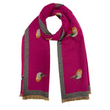 Robin Embroidered Print Winter Scarf on Reversible Cashmere Blend
