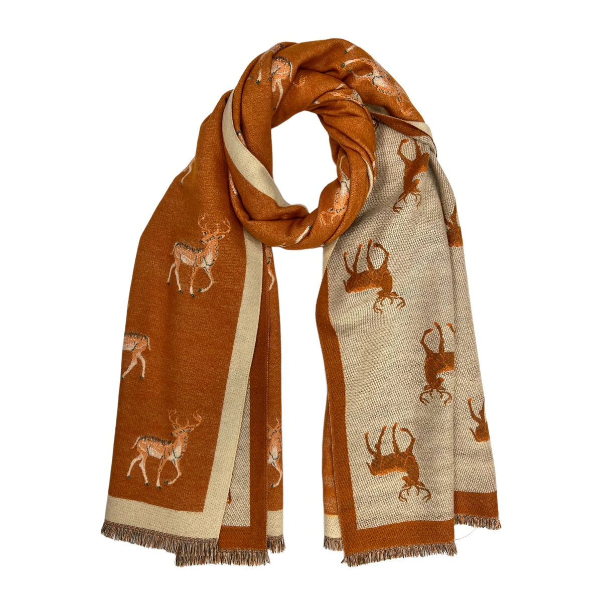 Deer Woven Print Winter Scarf on Reversible Cashmere Blend