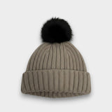 Ribbed Knit black Faux Fur Pom Pom Hat