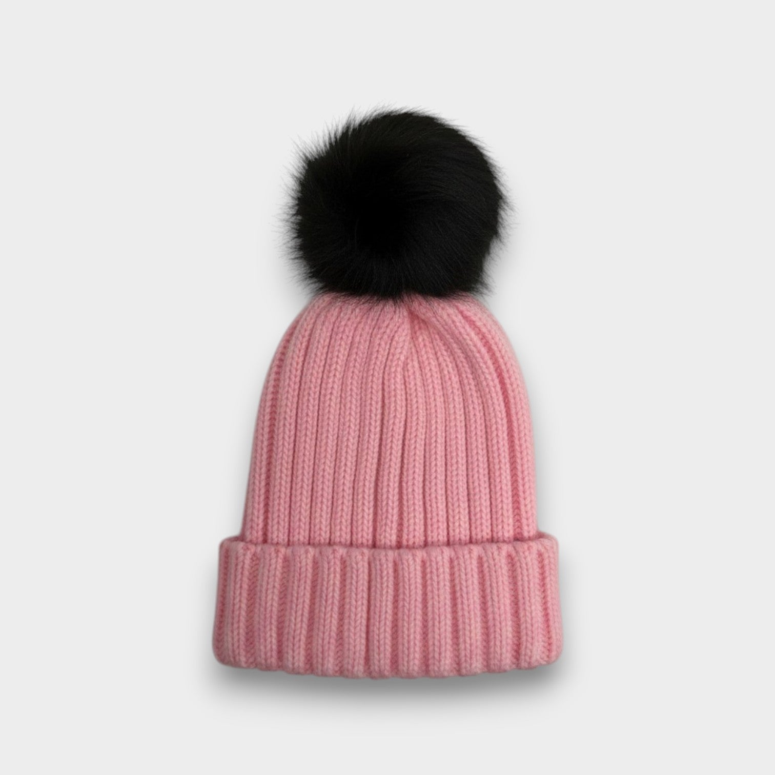 Ribbed Knit black Faux Fur Pom Pom Hat