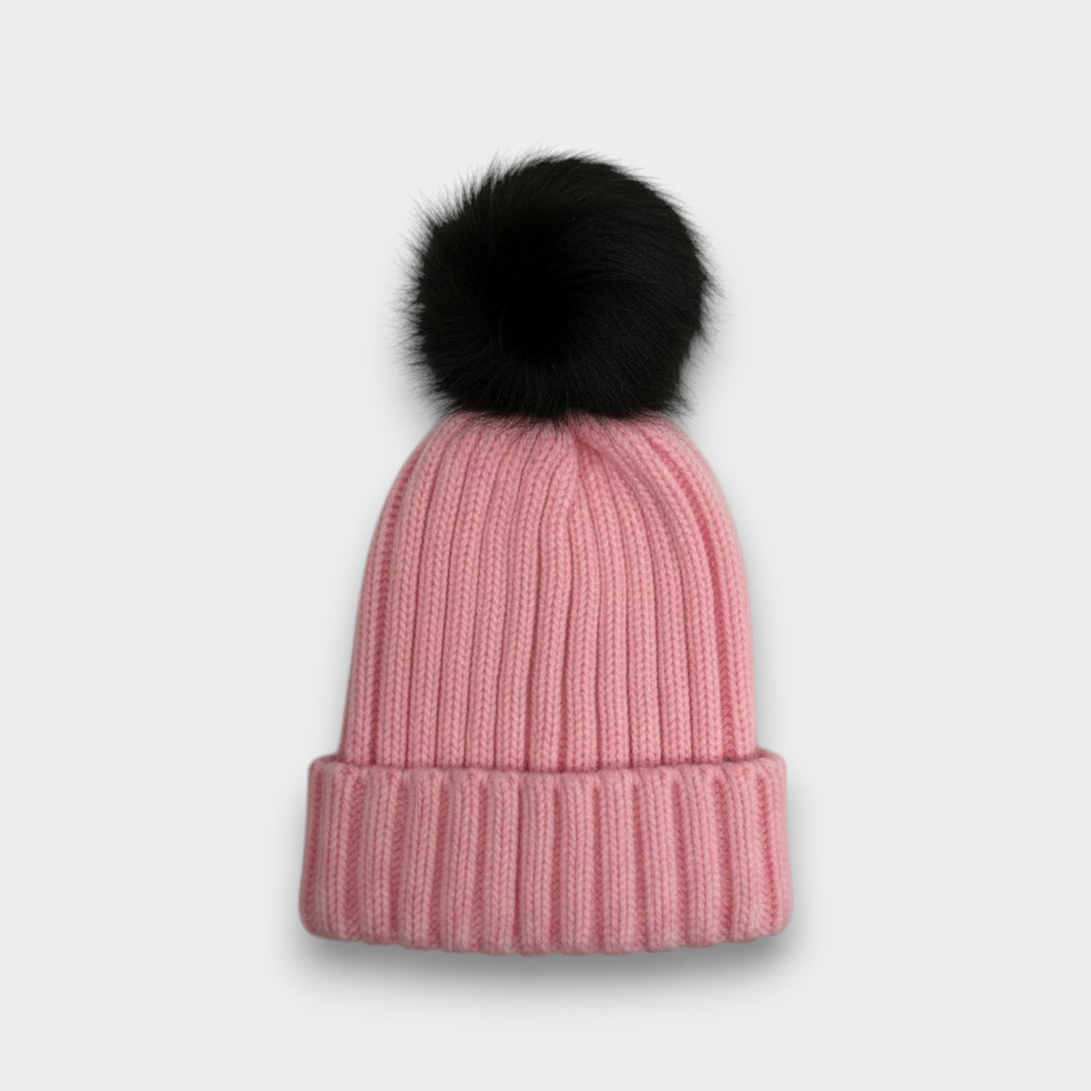 Ribbed Knit black Faux Fur Pom Pom Hat