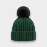 Ribbed Knit black Faux Fur Pom Pom Hat
