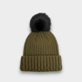 Ribbed Knit black Faux Fur Pom Pom Hat
