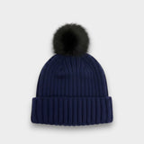 Ribbed Knit black Faux Fur Pom Pom Hat