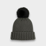 Ribbed Knit black Faux Fur Pom Pom Hat