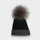 Two Tone Ribbed Knit Hat with Detachable Faux Fur Pom Pom