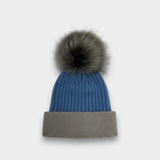 Two Tone Ribbed Knit Hat with Detachable Faux Fur Pom Pom