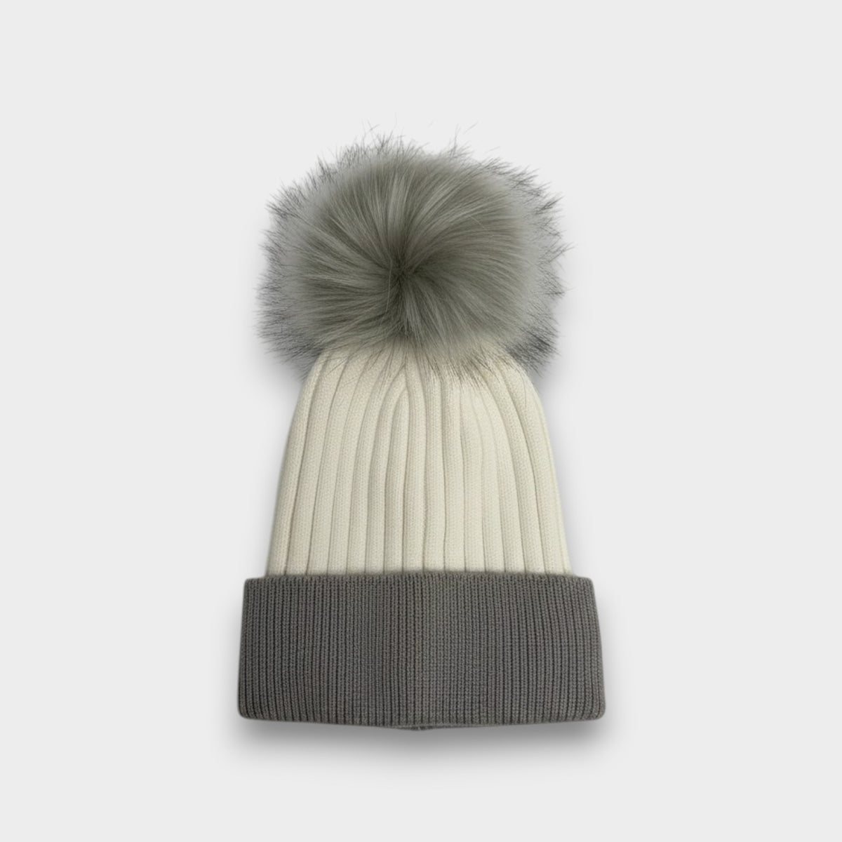 Two Tone Ribbed Knit Hat with Detachable Faux Fur Pom Pom