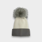 Two Tone Ribbed Knit Hat with Detachable Faux Fur Pom Pom