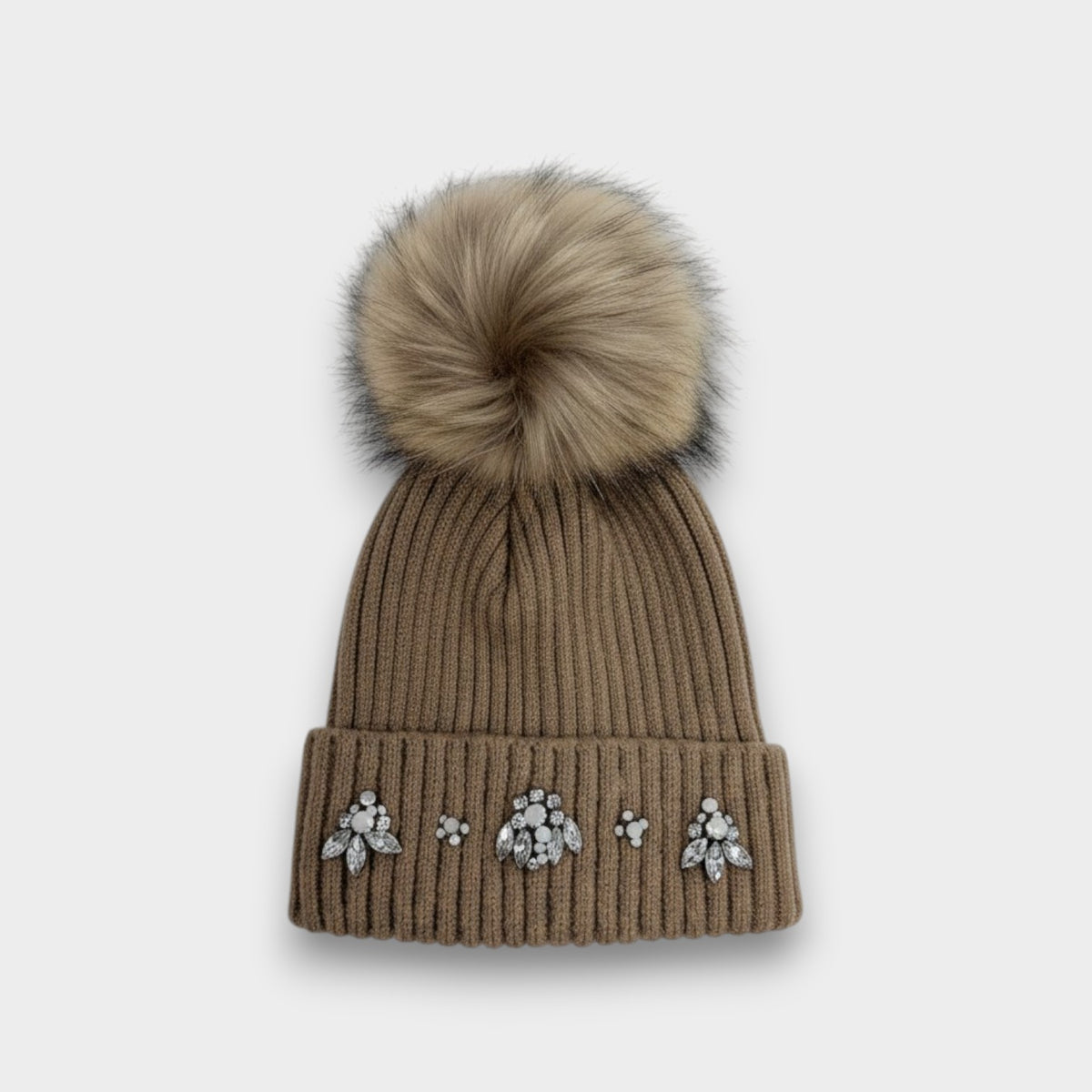 Embellished Ribbed Knit Hat with Detachable Faux Fur Pom Pom