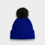 Ribbed Knit black Faux Fur Pom Pom Hat