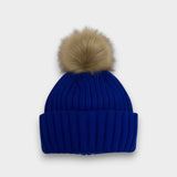Ribbed Knit Natural Faux Fur Pom Pom Hat