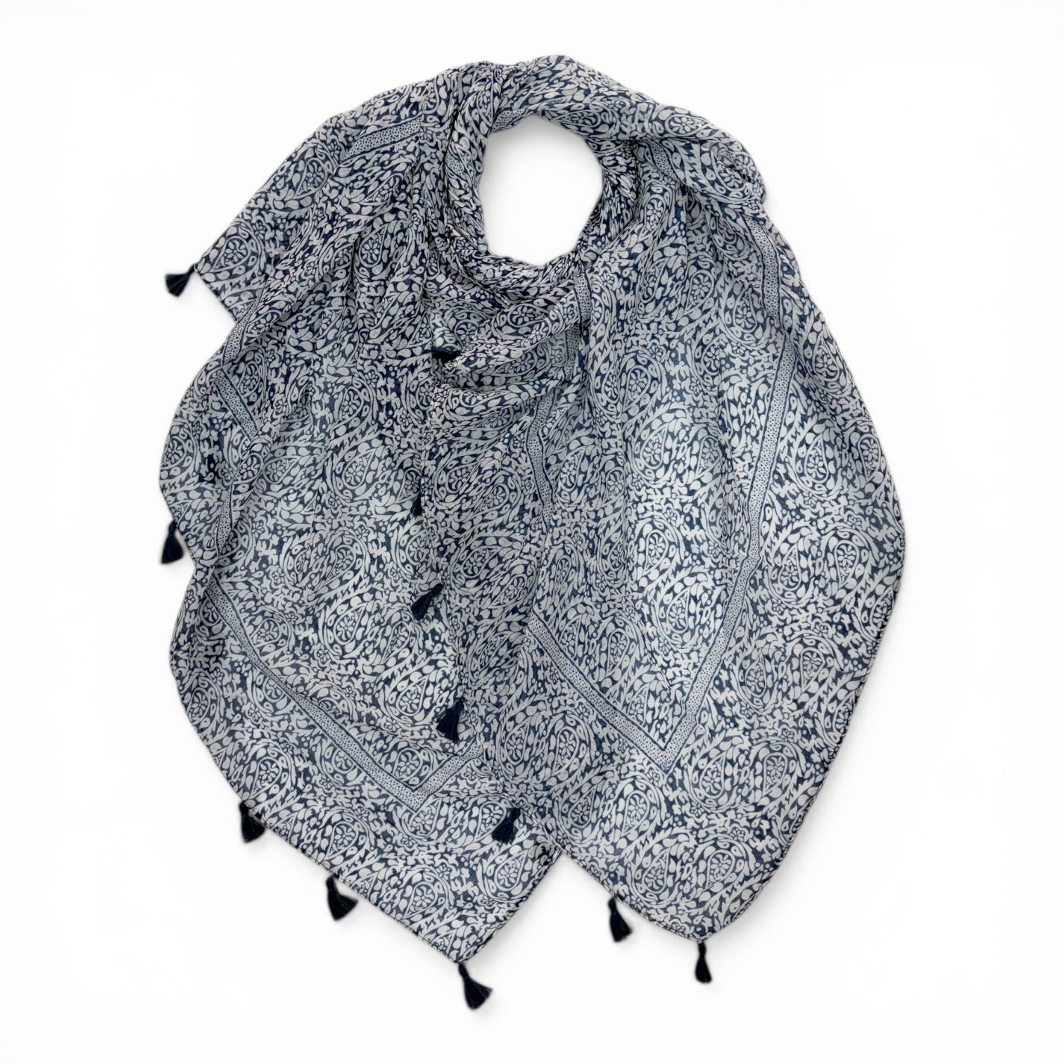 Navy Paisley Triangle Scarf with Tassels