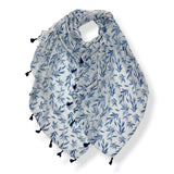 Blue Leaf Print Scarf with Tassels