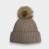 Ribbed Knit Natural Faux Fur Pom Pom Hat