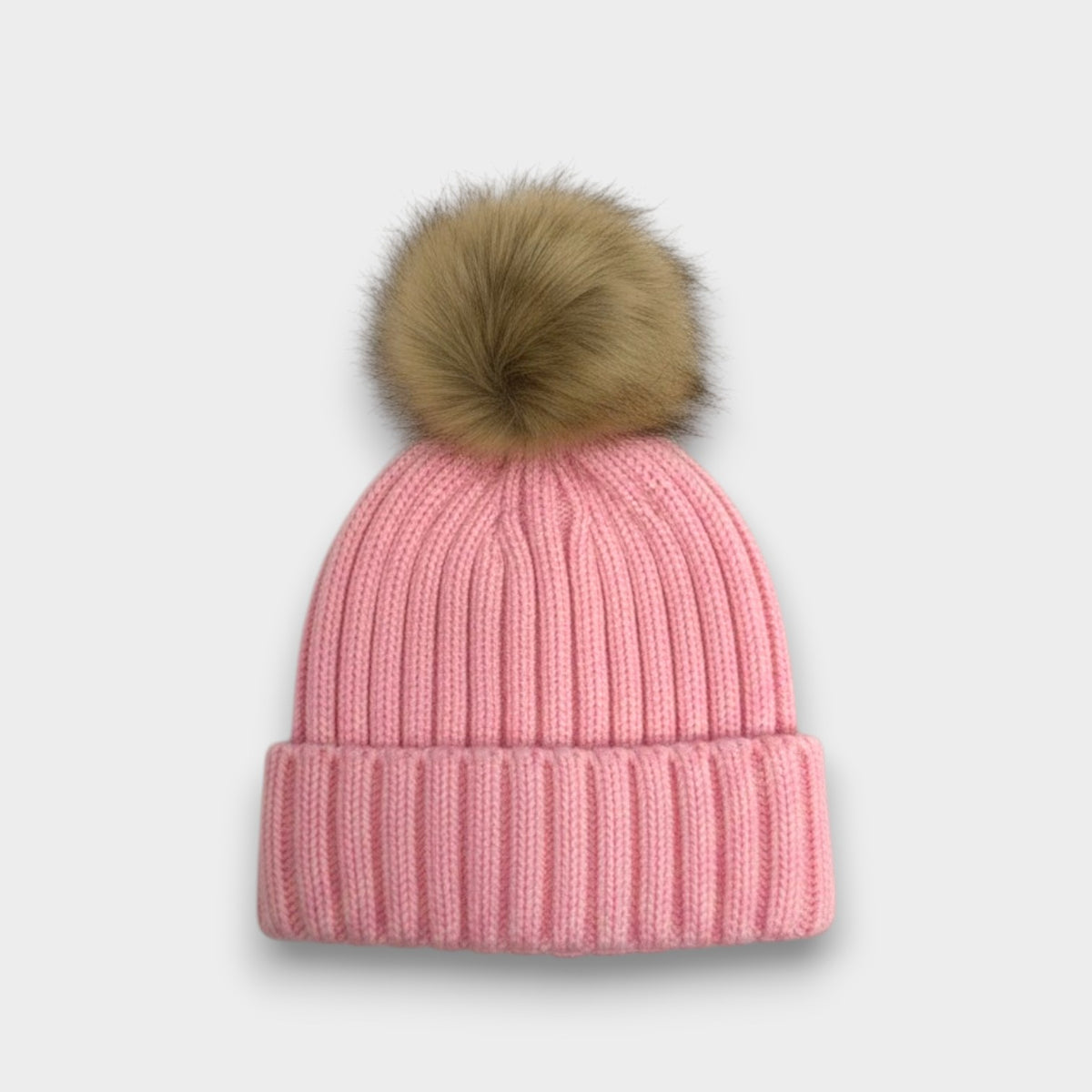 Ribbed Knit Natural Faux Fur Pom Pom Hat