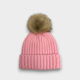Ribbed Knit Natural Faux Fur Pom Pom Hat