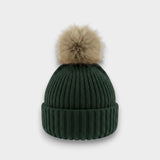 Ribbed Knit Natural Faux Fur Pom Pom Hat