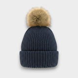 Ribbed Knit Natural Faux Fur Pom Pom Hat