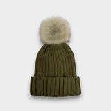 Ribbed Knit Natural Faux Fur Pom Pom Hat
