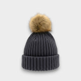 Ribbed Knit Natural Faux Fur Pom Pom Hat