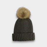 Ribbed Knit Natural Faux Fur Pom Pom Hat