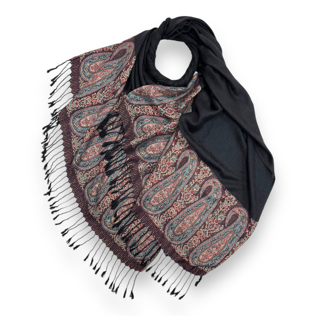 LissKiss Pashmina-Schal Mit Meander & Paisley-Muster – Grauer Schal Mit Fransen, 70x180 Cm