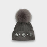 Embellished Ribbed Knit Hat with Detachable Faux Fur Pom Pom