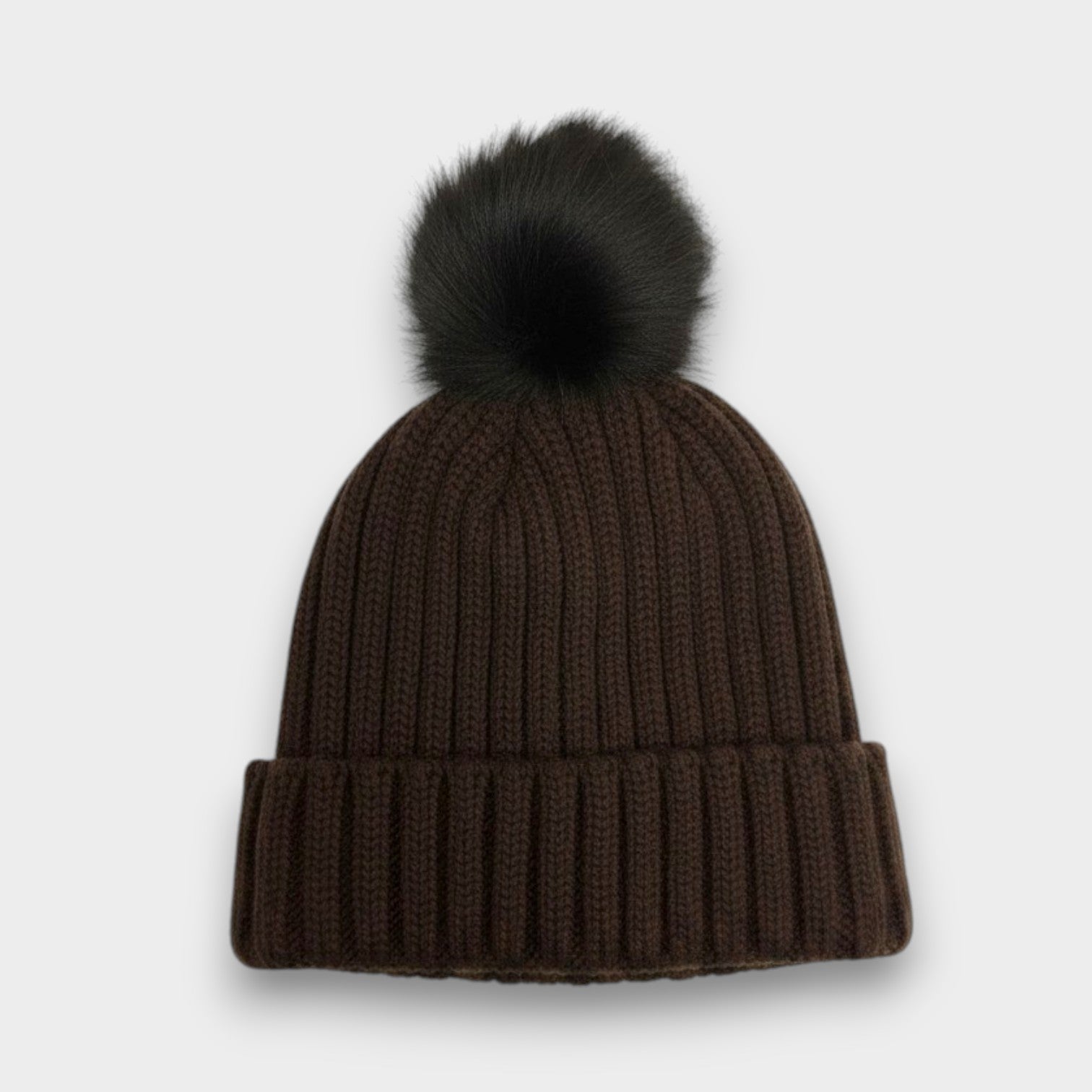 Ribbed Knit black Faux Fur Pom Pom Hat