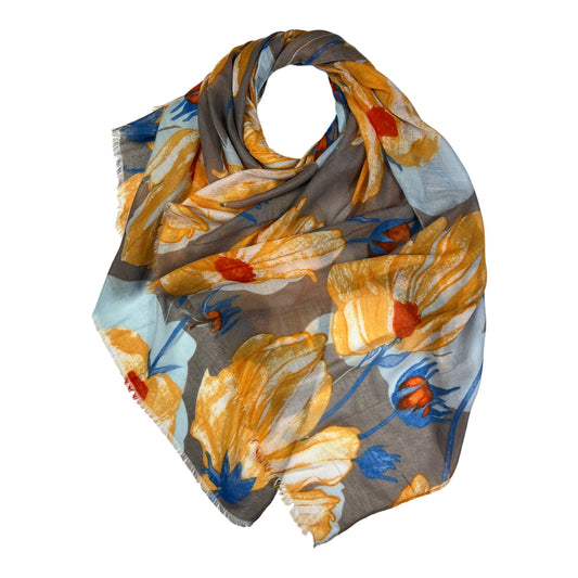 Printed Colourful Big Daisy Patterns On Lightweight Scarf With Fringes