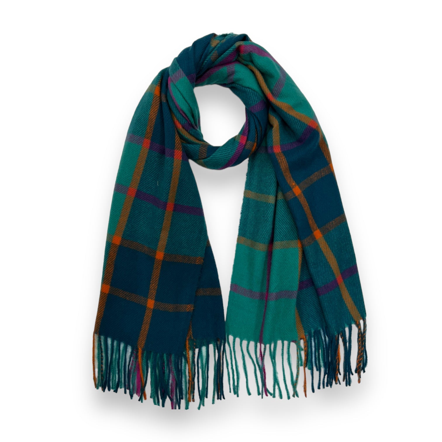 Festive check scarf in multi colours finished with tassels